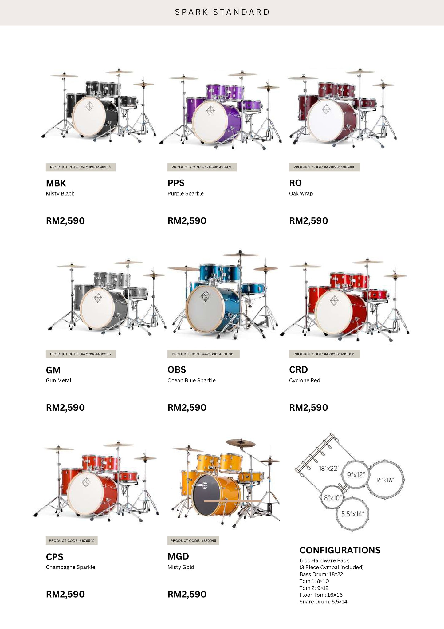 Dixon Spark Standard 5-pcs Acoustic Drum Kit, Misty Gold