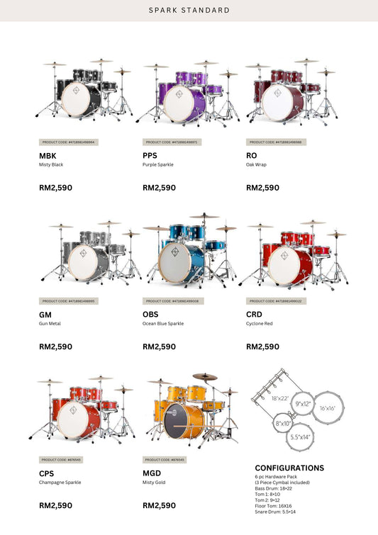 Dixon Spark Standard 5-pcs Acoustic Drum Kit, Purple Sparkle