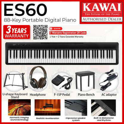 Kawai ES60 88-Key Portable Digital Piano with accessories and features on a white background
